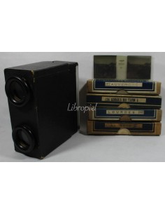 Visor estereoscópico Bruguière n.º 1, y 4 cajas con 12ud. cada una de vistas film de 10,3x4,1cm.